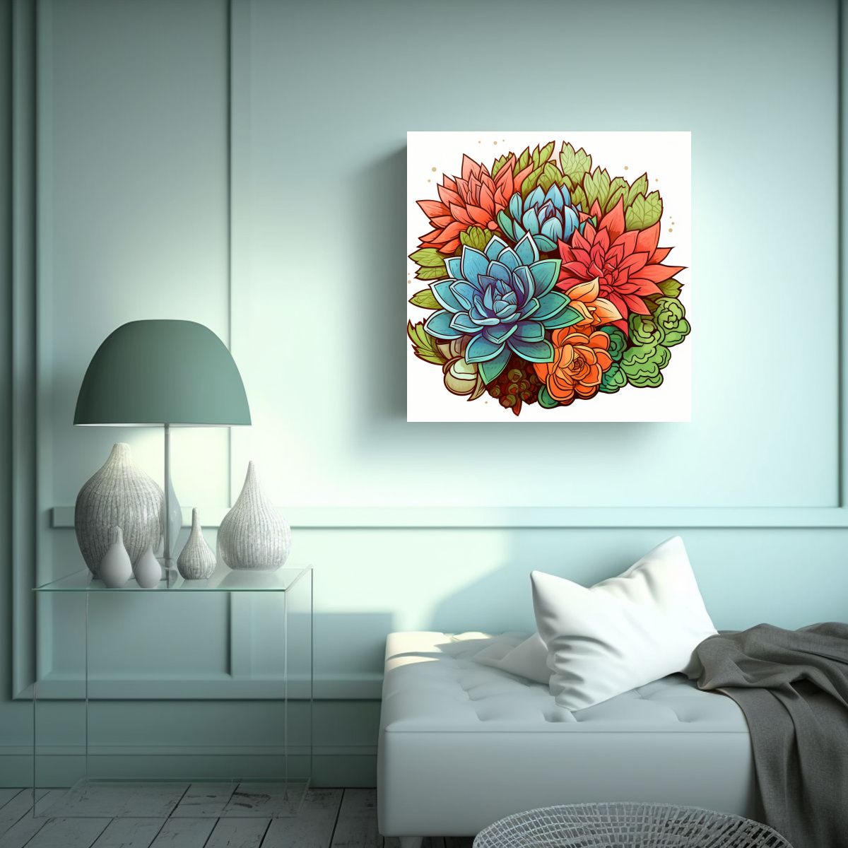 GENERICO - Ilustración De Suculentas En Tela Bastidor: Arte 60x60 Cm