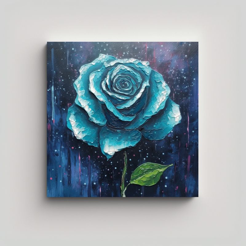 GENERICO - Cuadro Acuarela: Rosa Azul Con Gotas De Lluvia Al 80x80 Cm