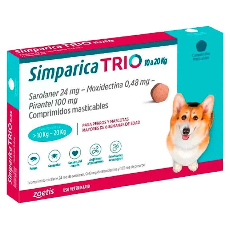 ZOETIS - SIMPARICA TRIO 10 A 20 KG ANTIPARASITARIO INTERNO Y EXTERNO