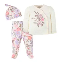 TEDMIMAK - Set 3 Piezas Conjunto Bebe Buzo Poleron 0 A 6 Meses Pijama Lila Flores