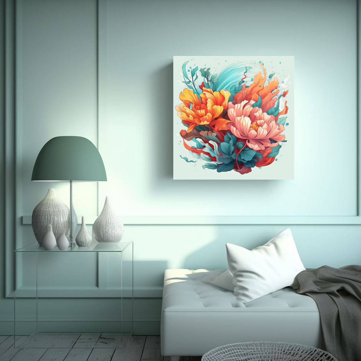 GENERICO - Cuadro Decorativo Floral En Acuarela Y Lienzo - 90x90 Cm