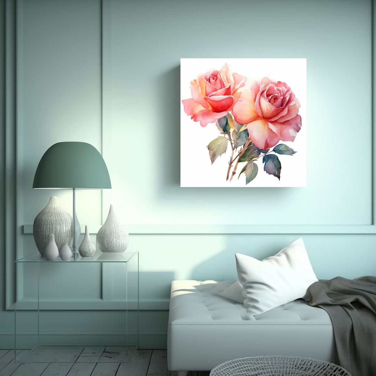 GENERICO - Cuadro Decorativo De Rosas Acuarelas En Tela Con 90x90 Cm