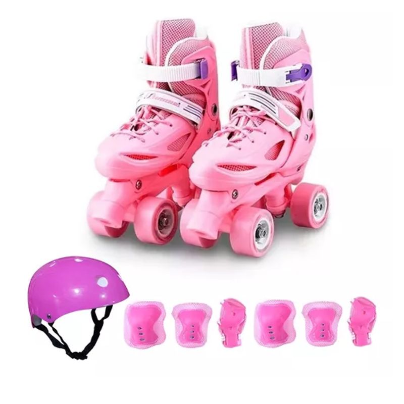 GENERICO - Patin 4 Ruedas Ajustable + Set De Protección color rosa