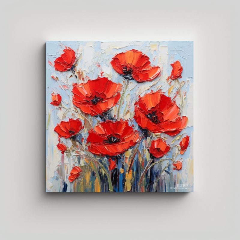 GENERICO - Composición Cálida De Amapolas Rojas Al Óleo 50x50 Cm