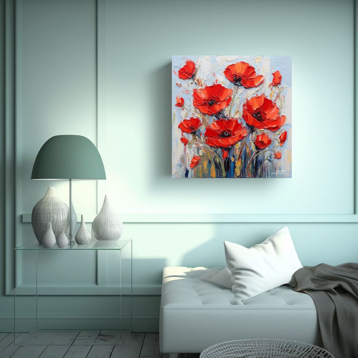 GENERICO - Composición Cálida De Amapolas Rojas Al Óleo 80x80 Cm