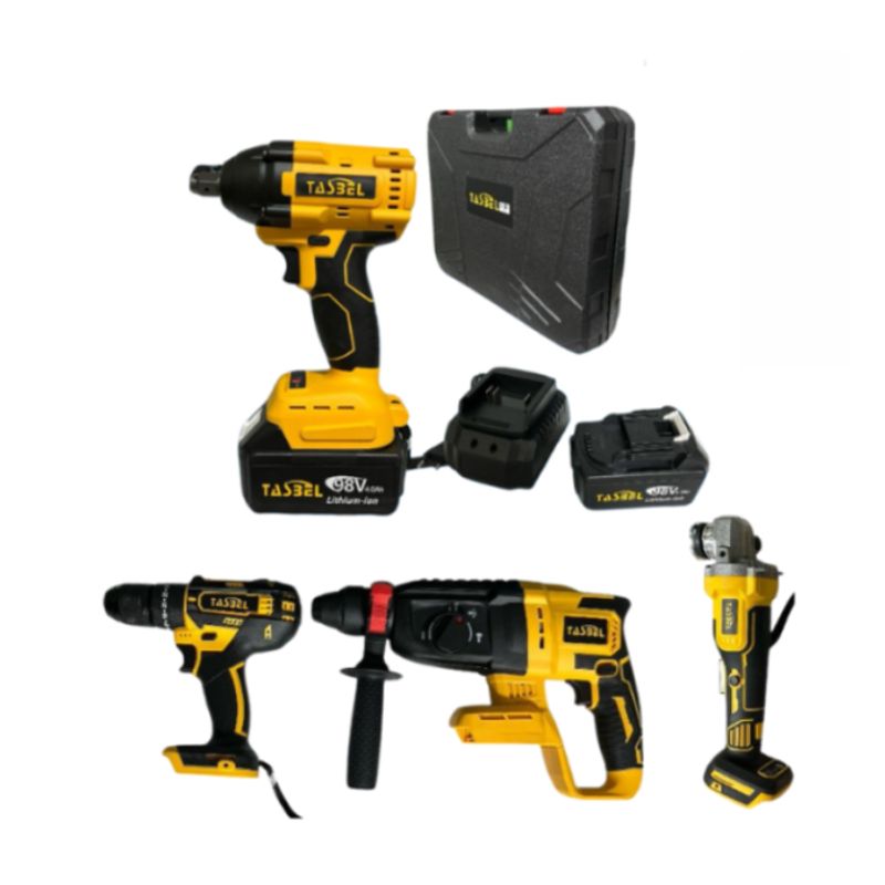 GENERICO - kit de 4 herramientas LLave de impacto, Esmeril, taladro y percutor Inalambrico Amarillo