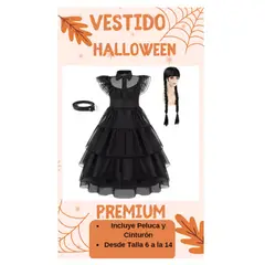 GENERICO - Disfraz Premium Halloween Vestido Negro Peluca Cinturón T8