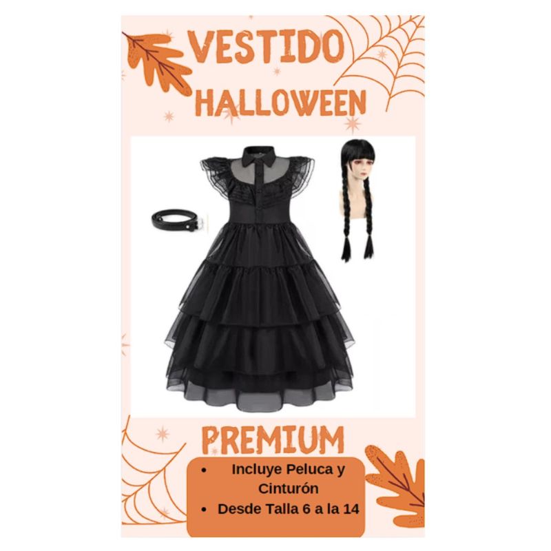 GENERICO - Disfraz Premium Halloween Vestido Negro Peluca Cinturón T10