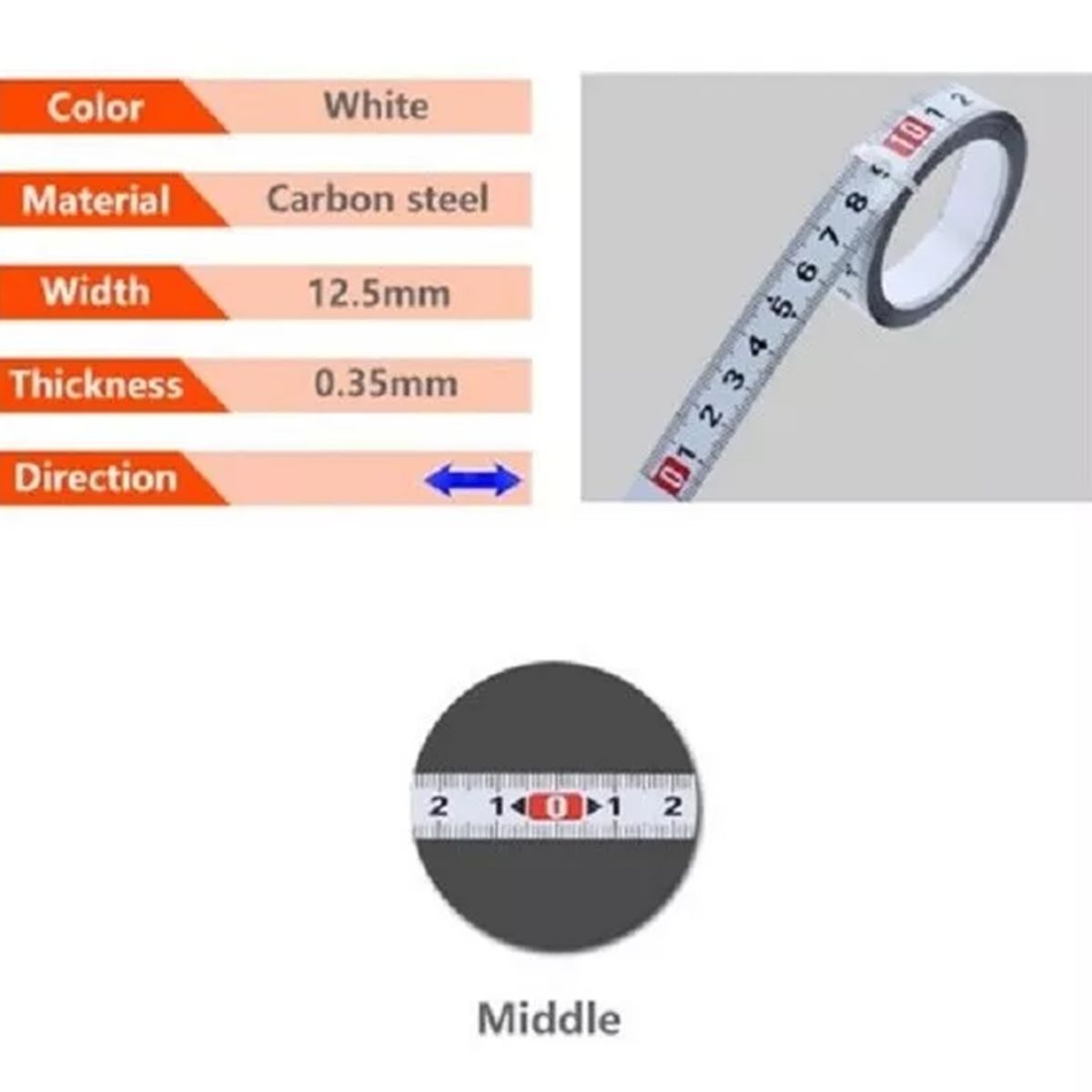 GENERICO - Cinta Métrica Adhesiva Metálica Izq Cero Der Largo 5 Mt