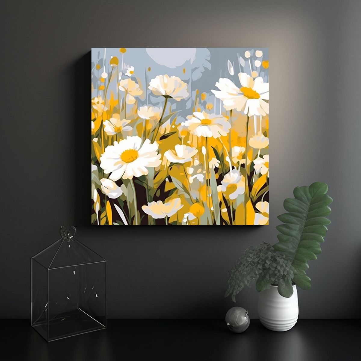 GENERICO - Lienzo Tela Líneas Finas Amarillo Blanco Flo 50x50 Cm