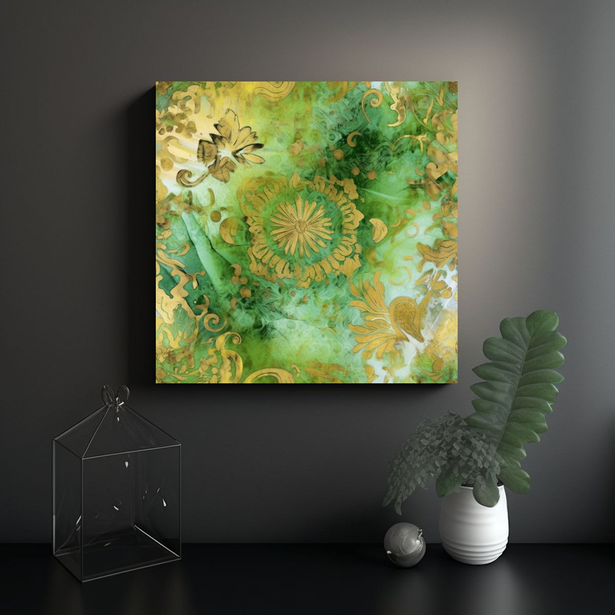 GENERICO - Pintura En Azulejo Verde Lima Y Dorado Estilo 50x50 Cm