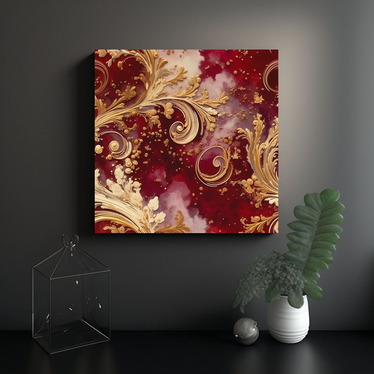 GENERICO - Cuadro Lienzo Maroon Y Oro Para Decoración 90x90 Cm