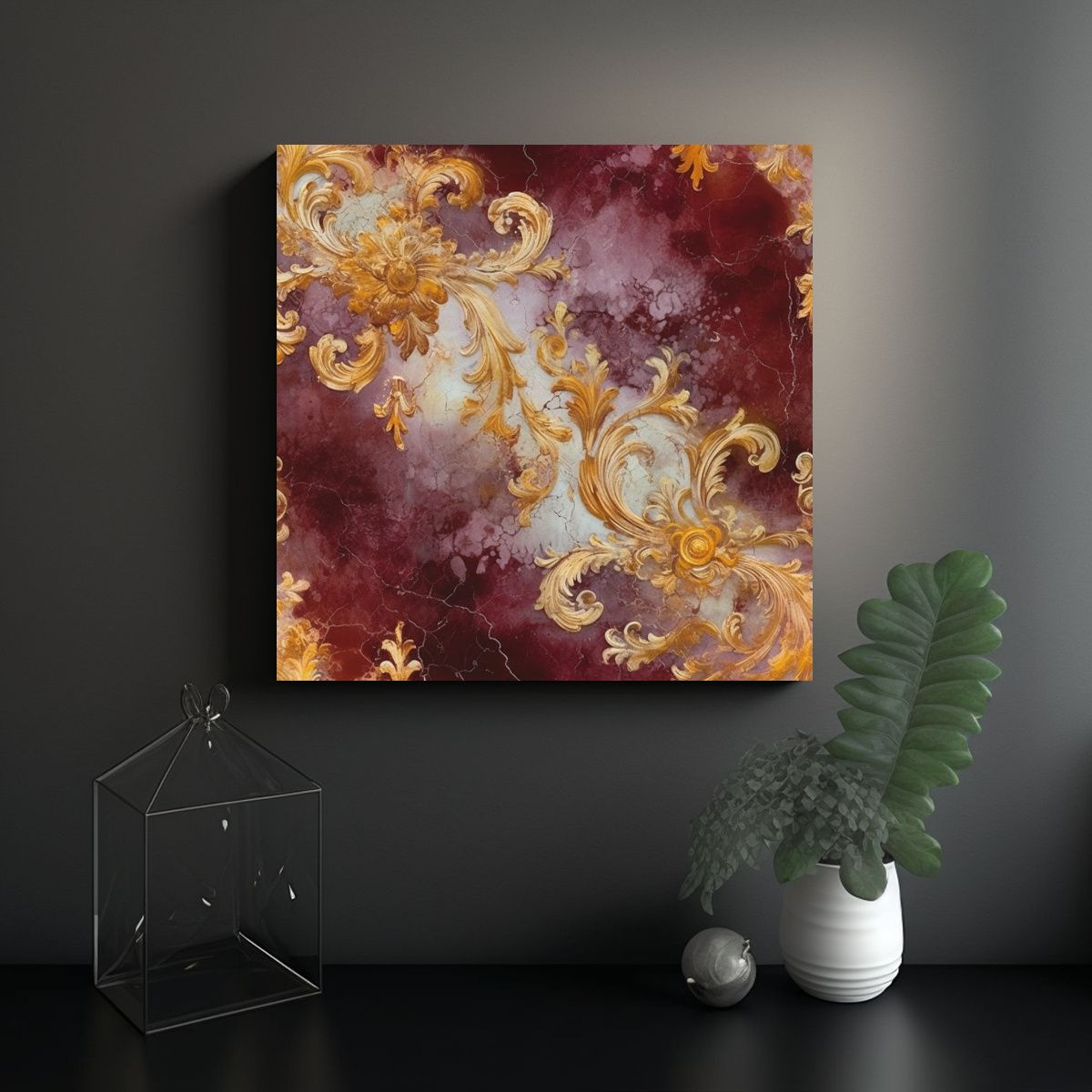 GENERICO - Pintura Lienzo Tela Granate Y Oro Estilo De 90x90 Cm