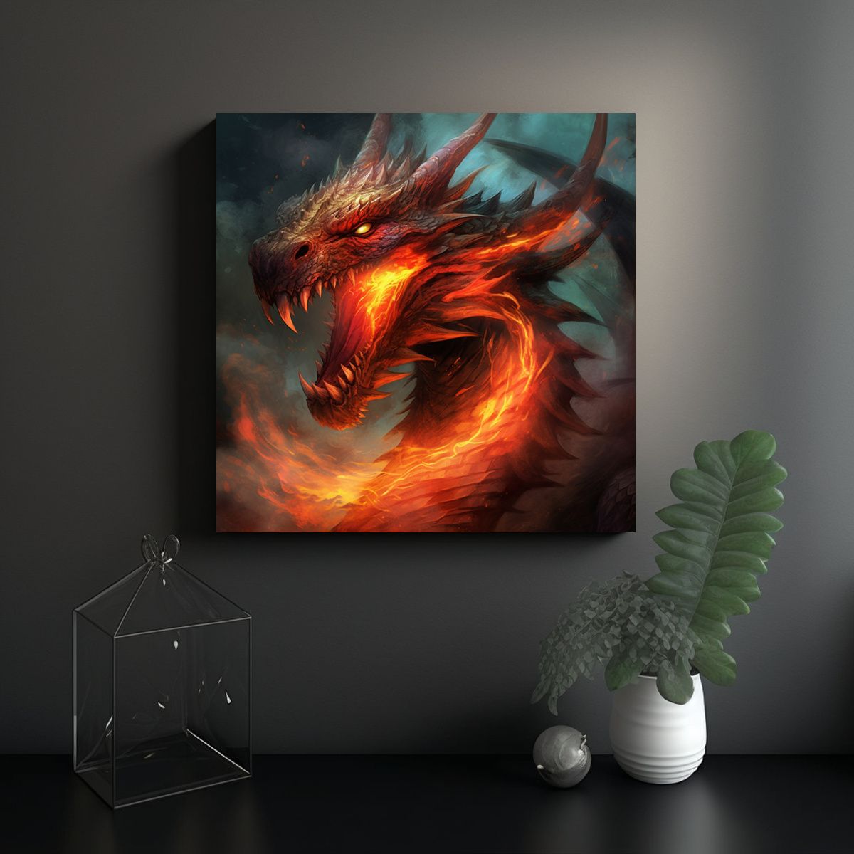 GENERICO - Pintura Decorativa Adorable Dragón De Fuego En 90x90 Cm.