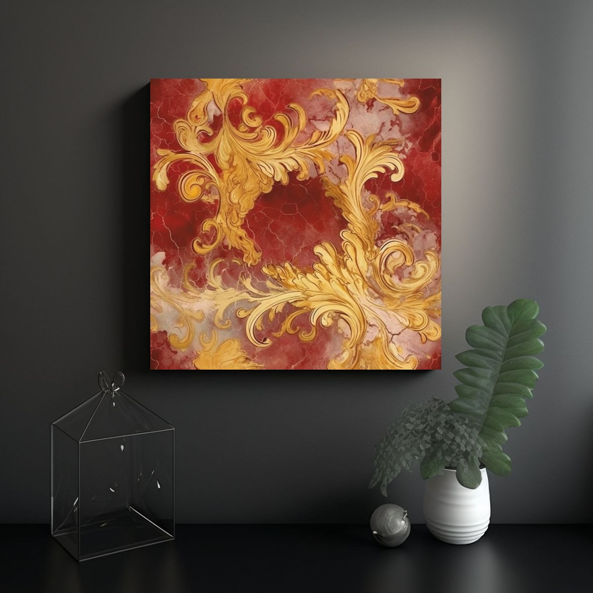 GENERICO - Cuadro Granate Y Dorado Estilo Refinado Para 80x80 Cm