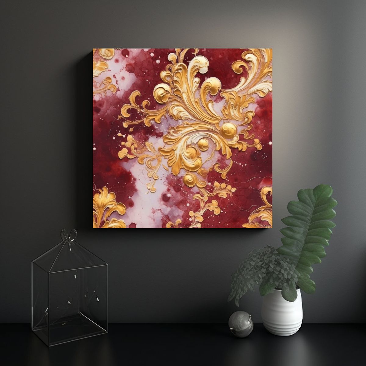 GENERICO - Cuadro Pared Maroon Oro Adorno Azulejo Estilo Rico 80x80 Cm