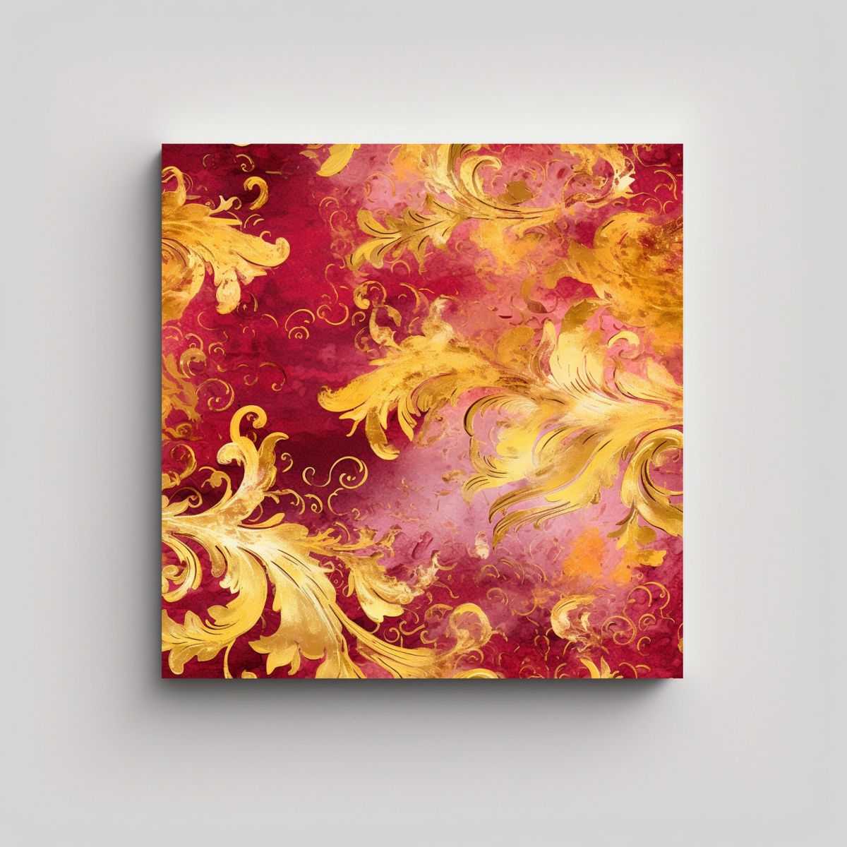 GENERICO - Pintura Abstracta De Rubí Y Oro En Lienzo: 90x90 Cm