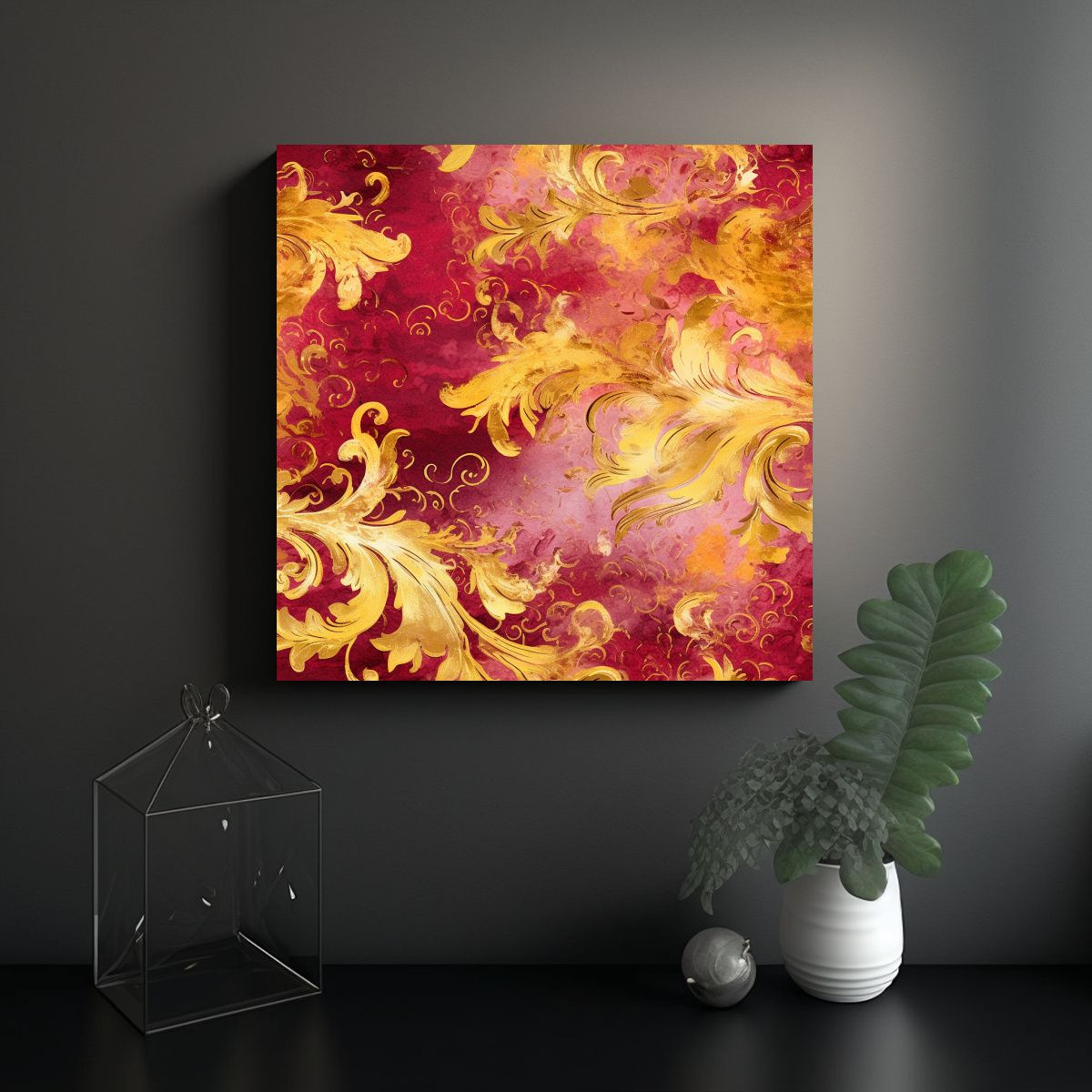 GENERICO - Pintura Abstracta De Rubí Y Oro En Lienzo: 90x90 Cm