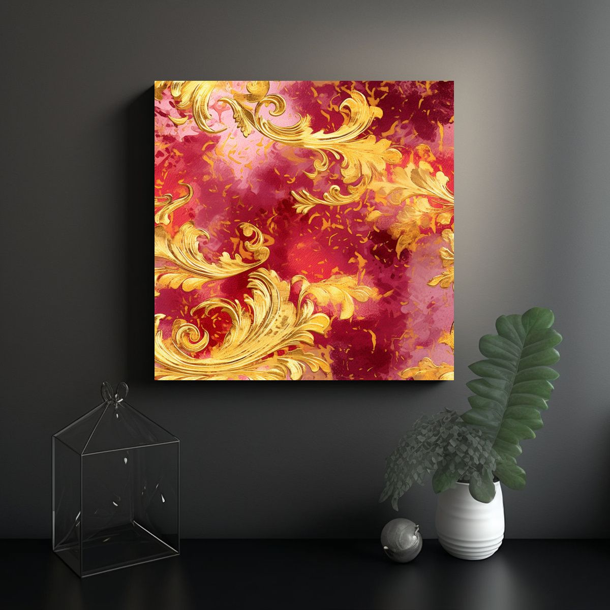 GENERICO - Pintura Abstracta De Rubí Y Oro Estilo Innovador 70x70 Cm