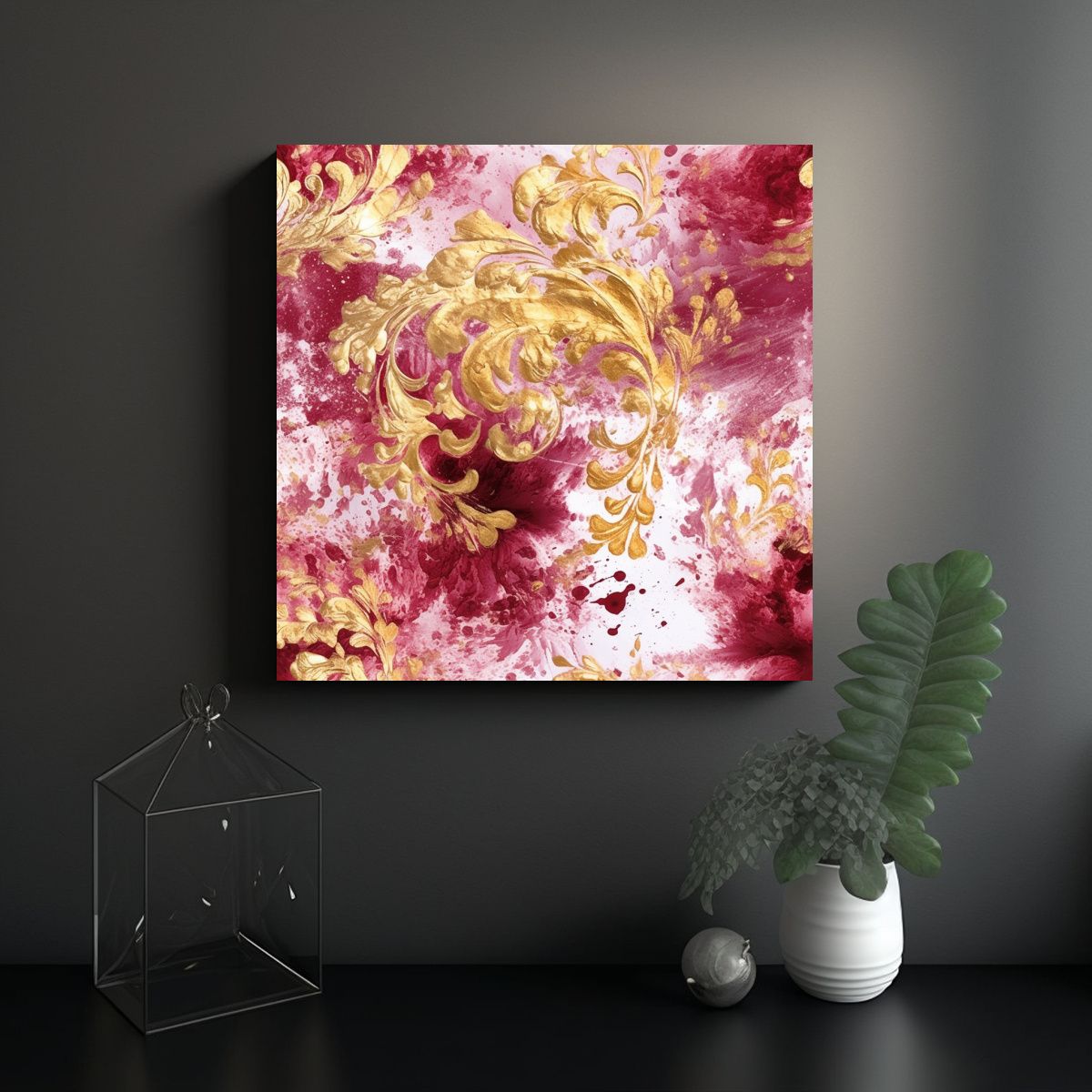 GENERICO - Pintura Abstracta De Rubí Y Oro En Estilo 50x50 Cm