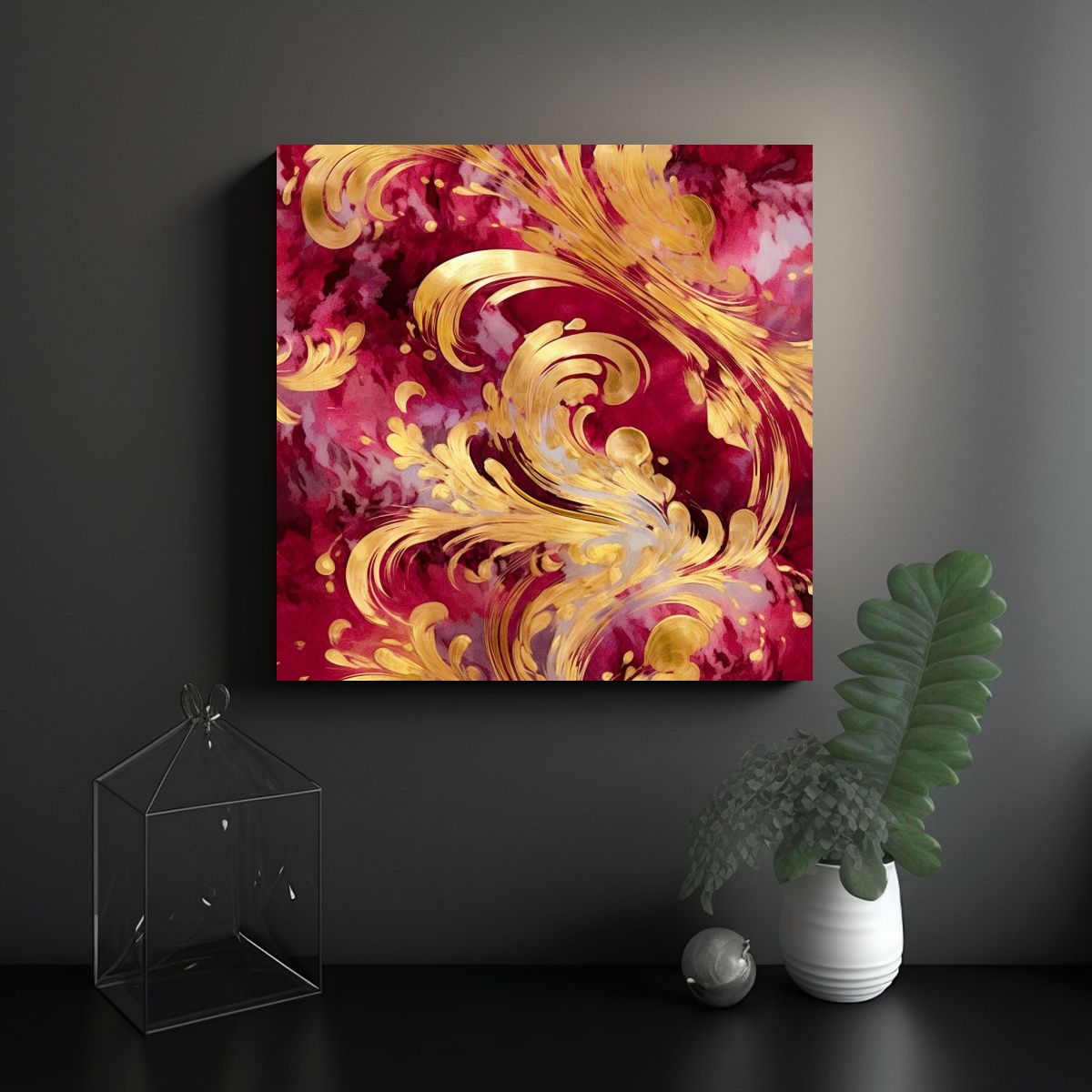 GENERICO - Cuadro Baño Abstracto Rubí Y Oro, Estilo 50x50 Cm