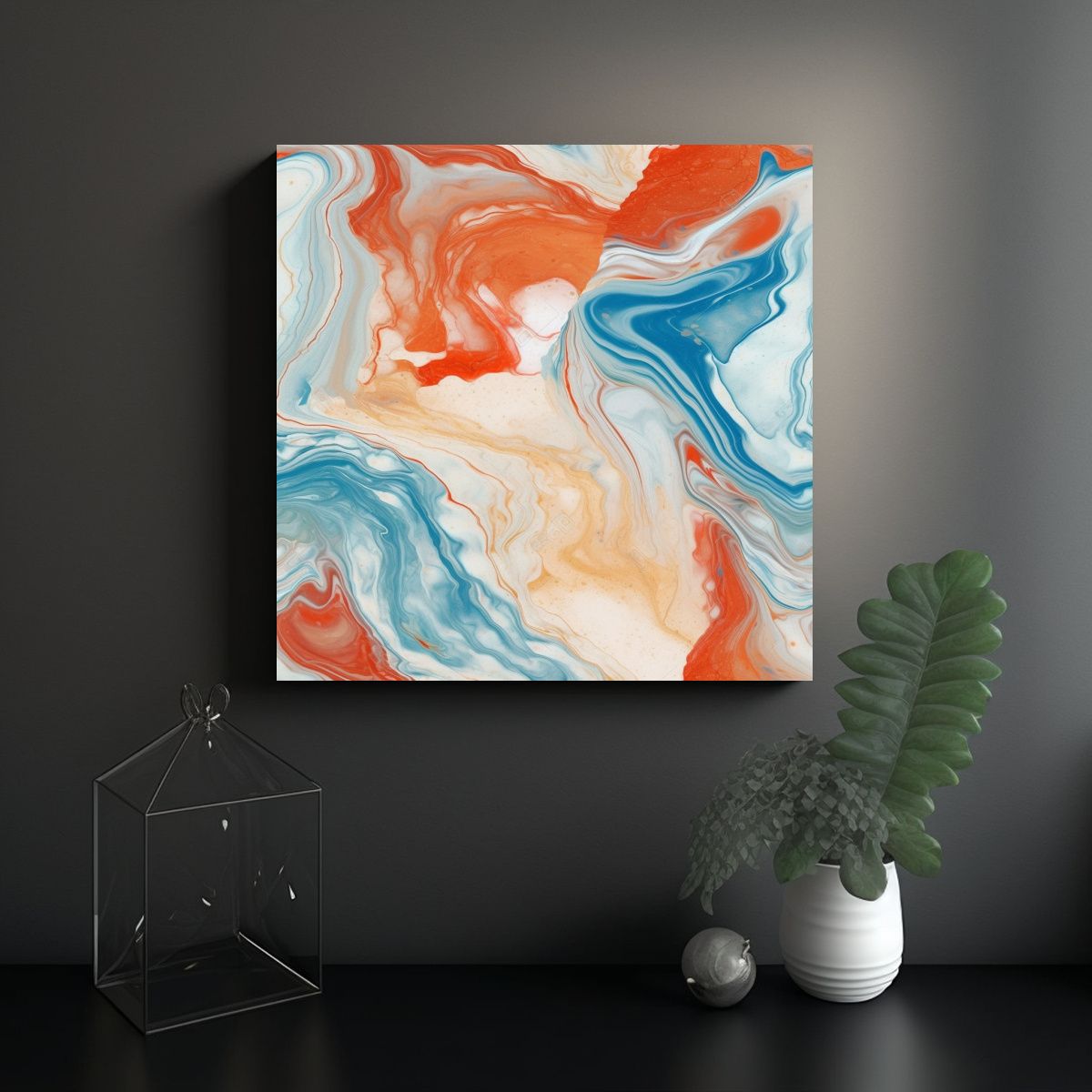 GENERICO - Cuadro Artístico Mármol Azul Y Naranja Con 80x80 Cm