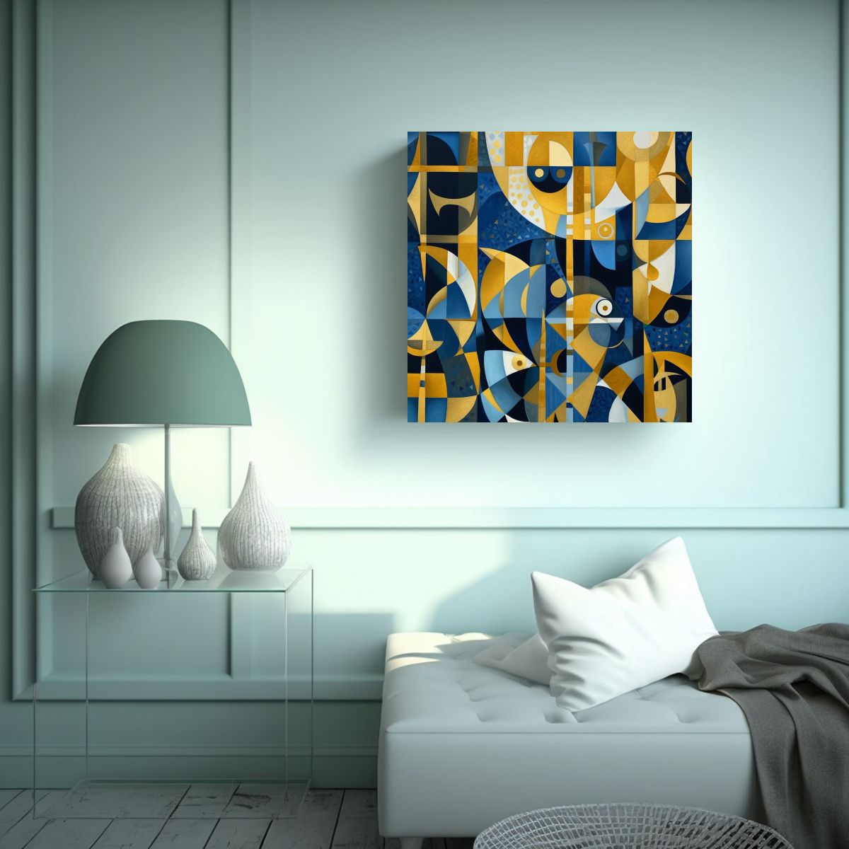 GENERICO - Pintura Geométrica Azul Y Dorada Para 60x60 Cm