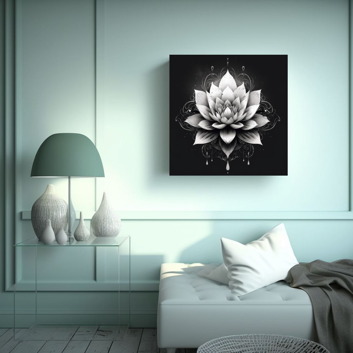GENERICO - Cuadro Artístico De Loto Tatuado En Negro, 90x90 Cm