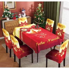 GENERICO - SET DE MANTEL MAS 6 FUNDA SILLA DISEÑO NAVIDEÑO CAMPANA DORADO WYM