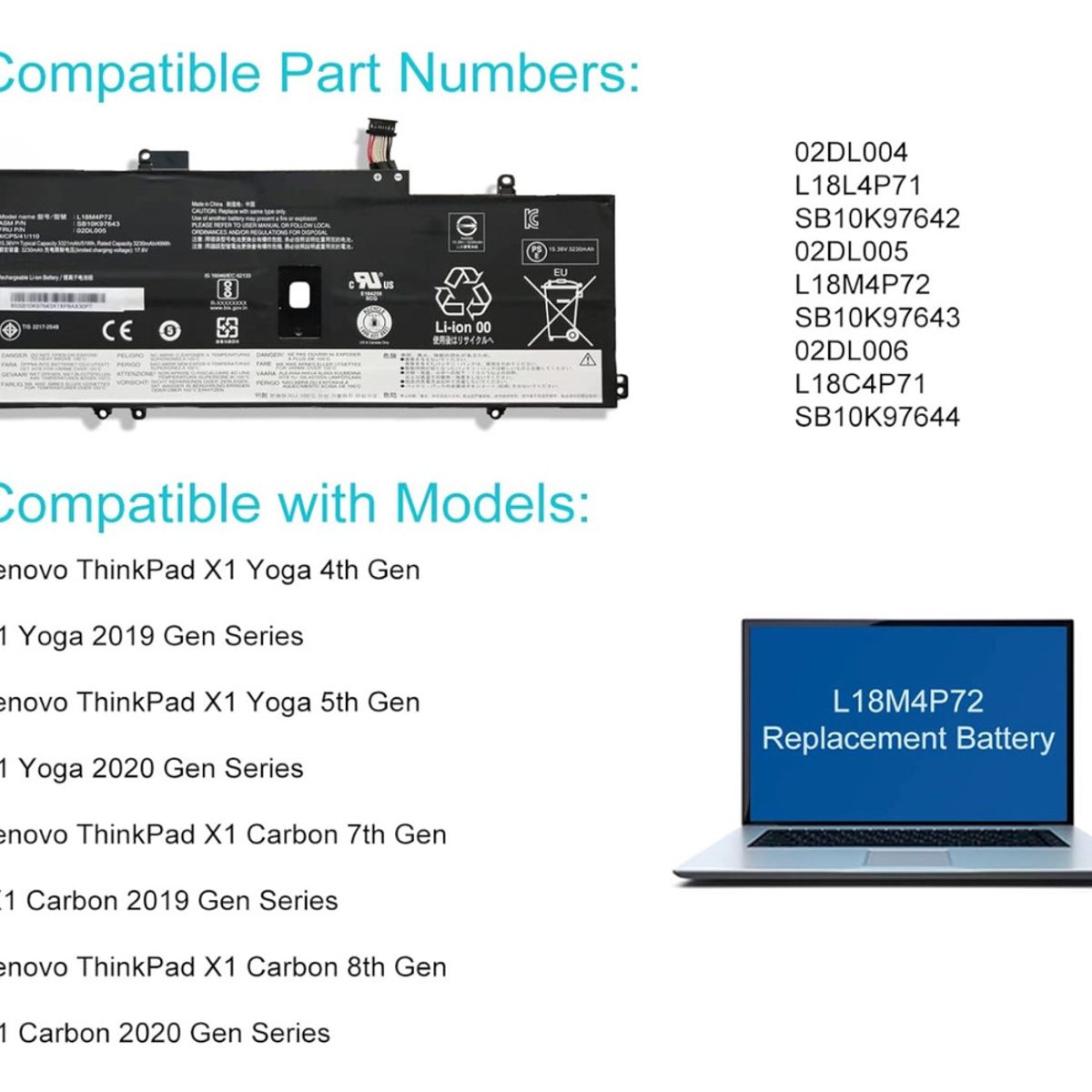 GENERICO - Batería L18m4p72 Para Lenovo X1 Carbon 7ª 8ª Gen Series