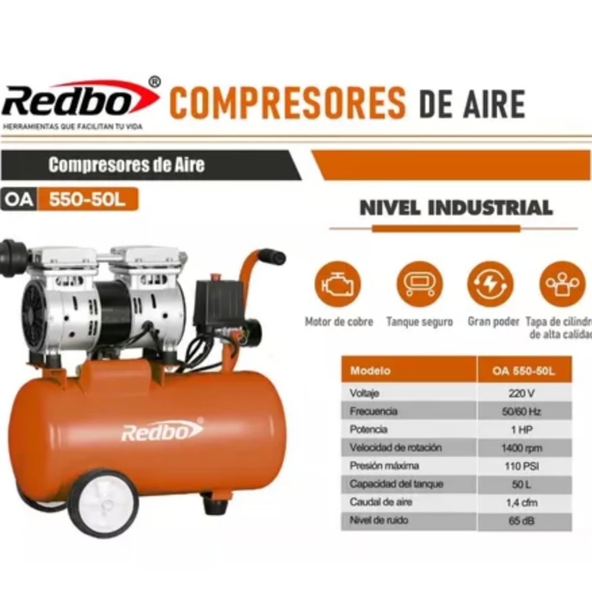 REDBO - Compresor Silencioso De 50 Litros Libre De Aceite / Dental