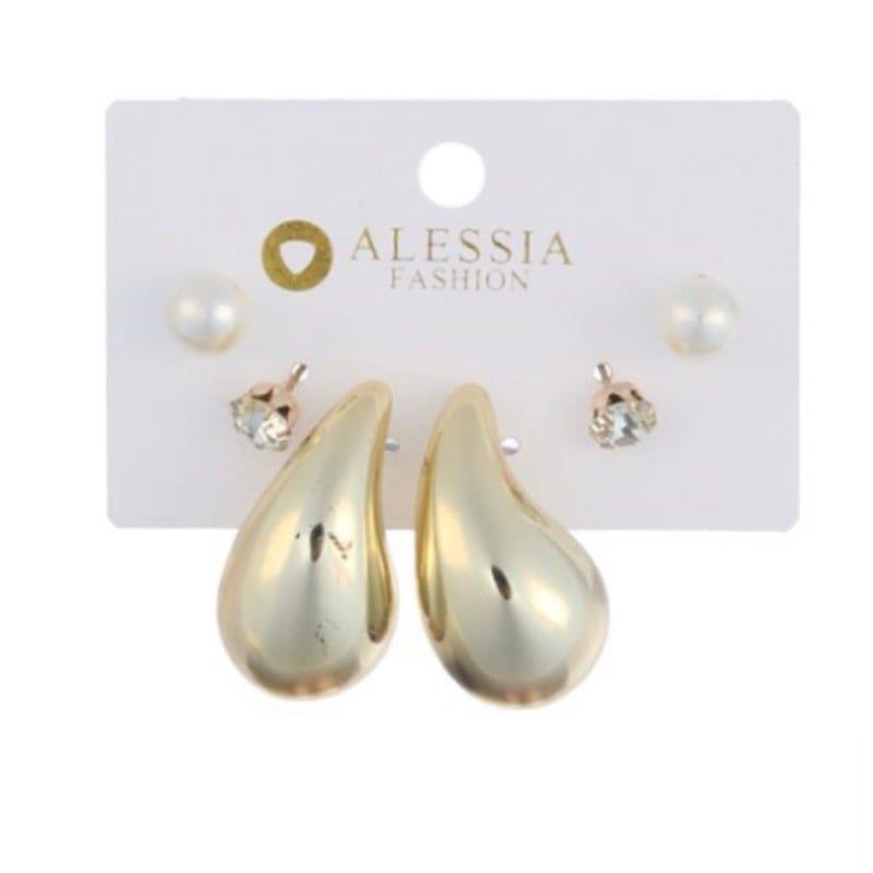 GENERICO - Set 3 Pares De Aros Aretes Pendientes Dorados Y Perlas Mujer