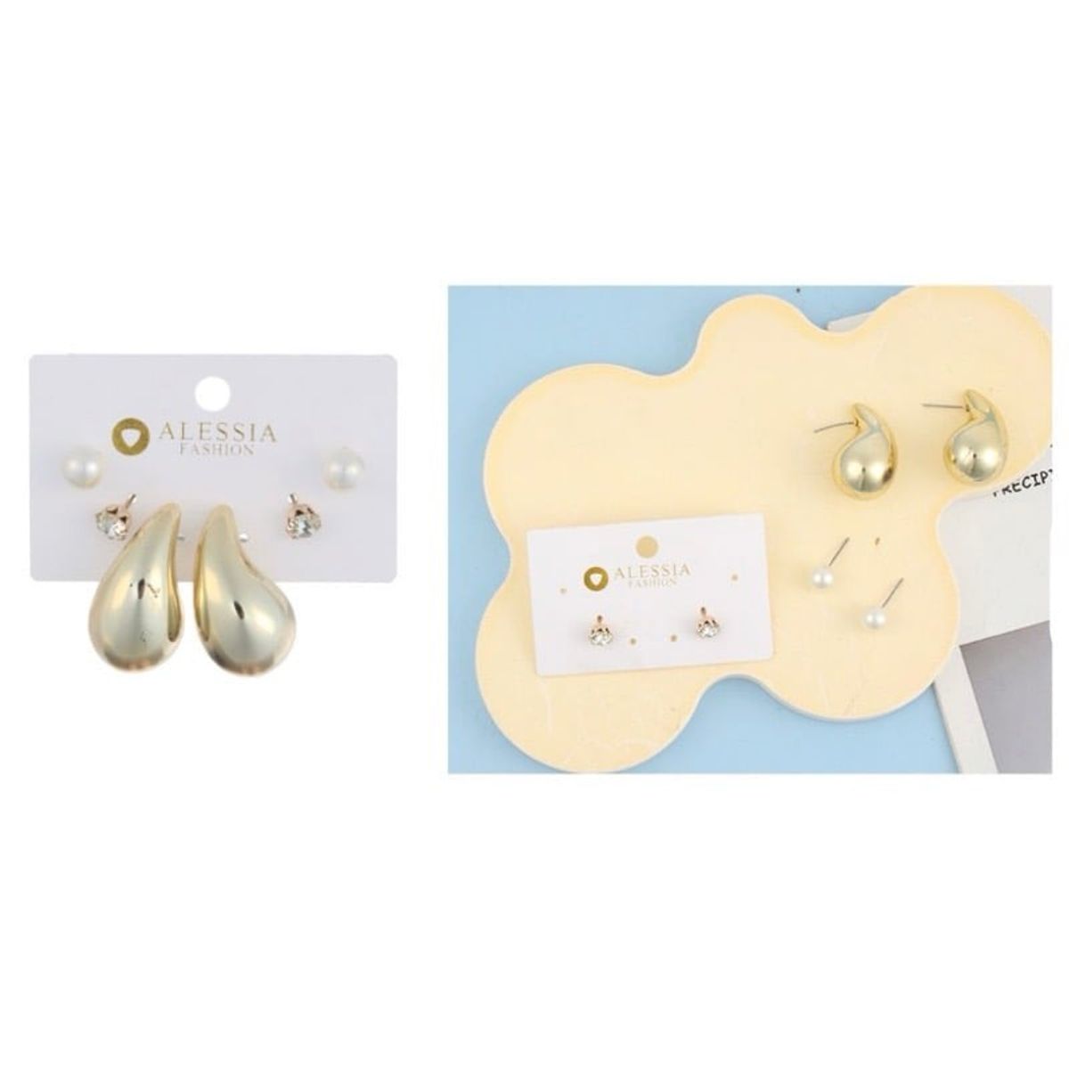 GENERICO - Set 3 Pares De Aros Aretes Pendientes Dorados Y Perlas Mujer.-