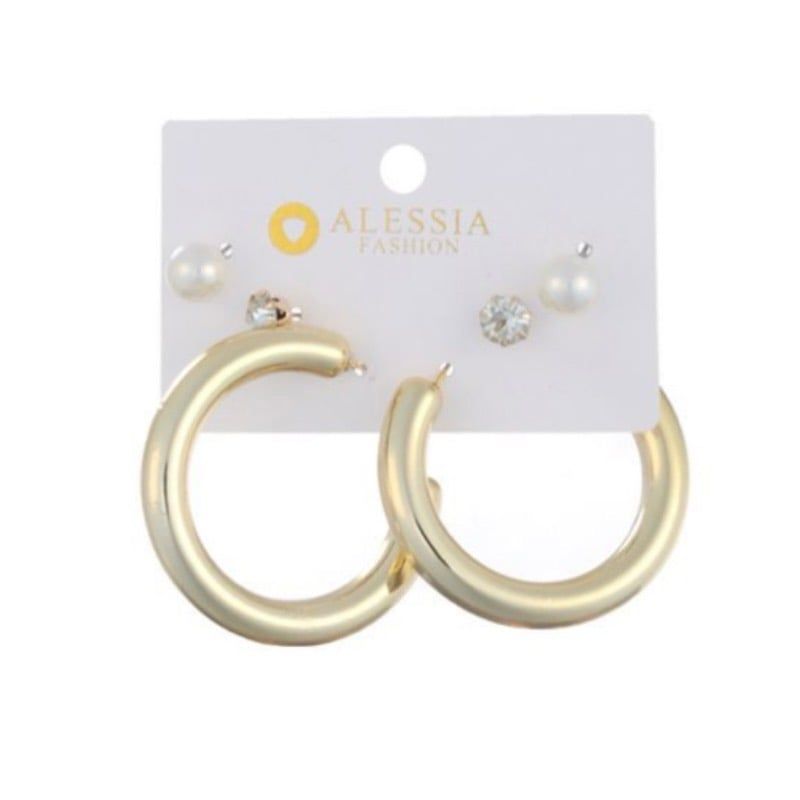 GENERICO - Set 3 Pares De Aros Aretes Pendientes Dorados Y Perlas Mujer.-