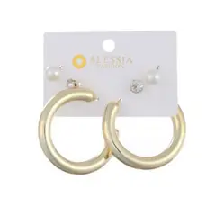 GENERICO - Set 3 Pares De Aros Aretes Pendientes Dorados Y Perlas Mujer.-