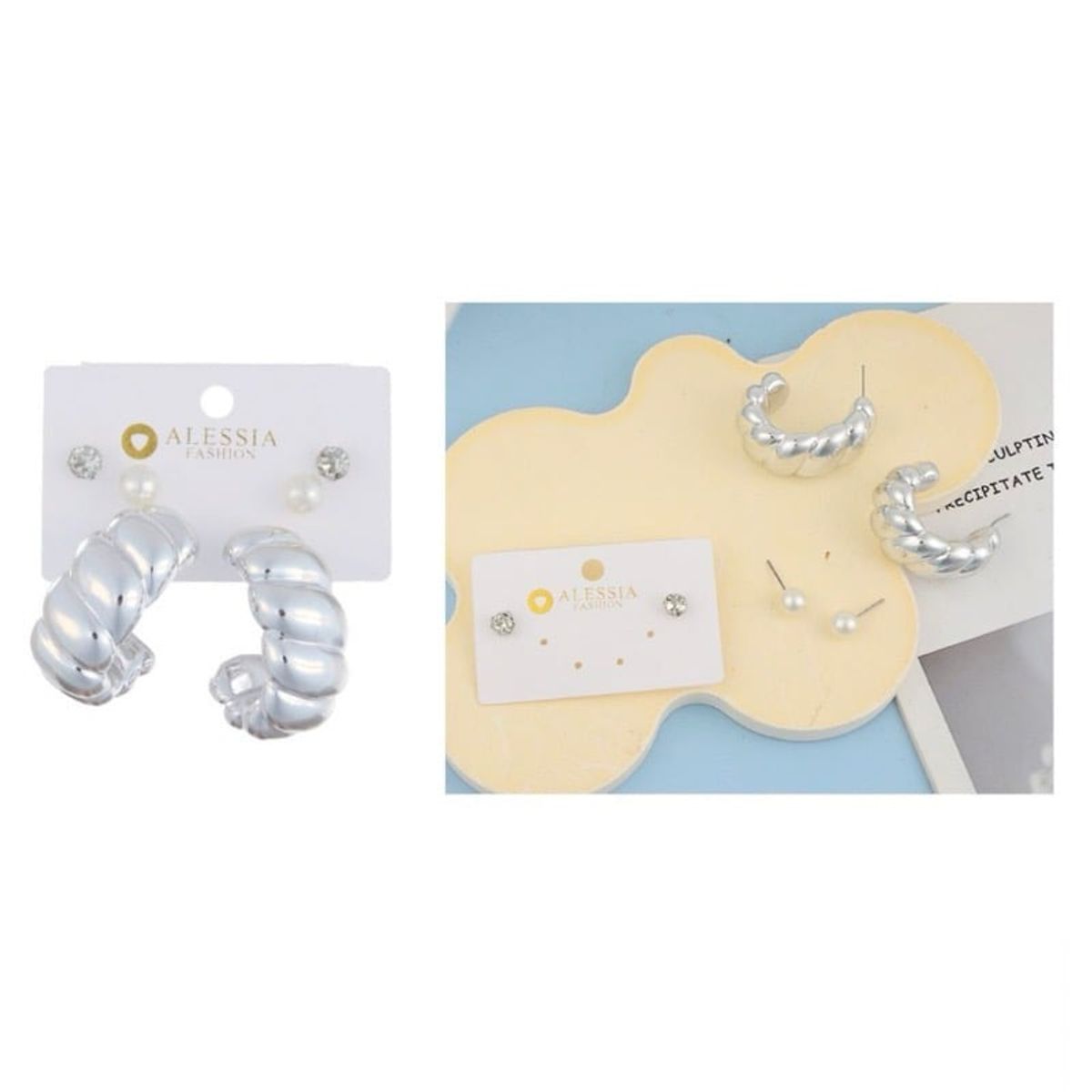 GENERICO - Set 3 Pares De Aros Aretes Pendientes Dorados Y Perlas Mujer A3