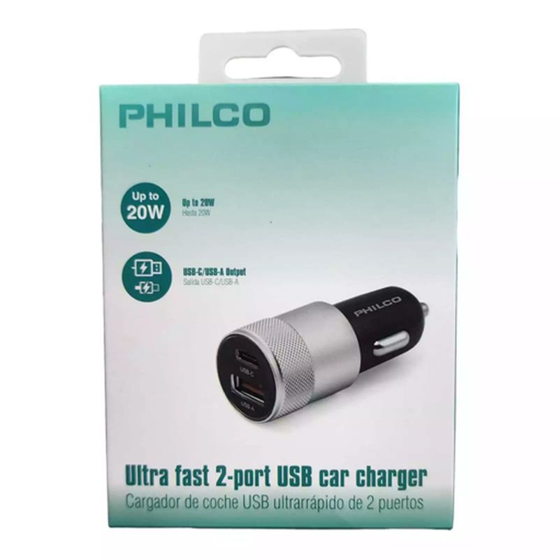 PHILCO - FLP2552S CARGADOR 12/24V USB/C 20W DOBLE PLATA PHILCO