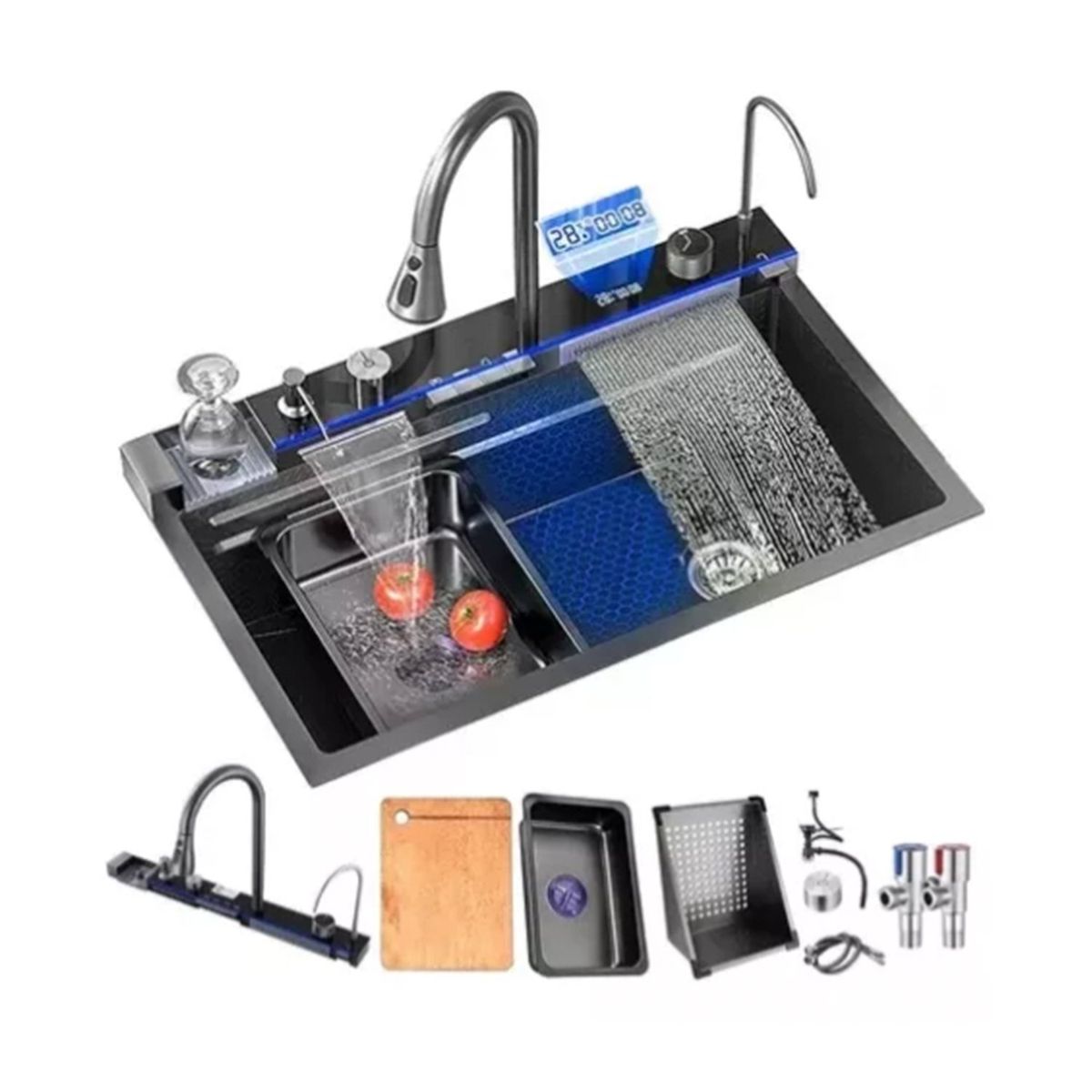 IDEEHOUSE - Lavaplatos Doble Inoxidable Negro 80x45 + Llave + Accesorios