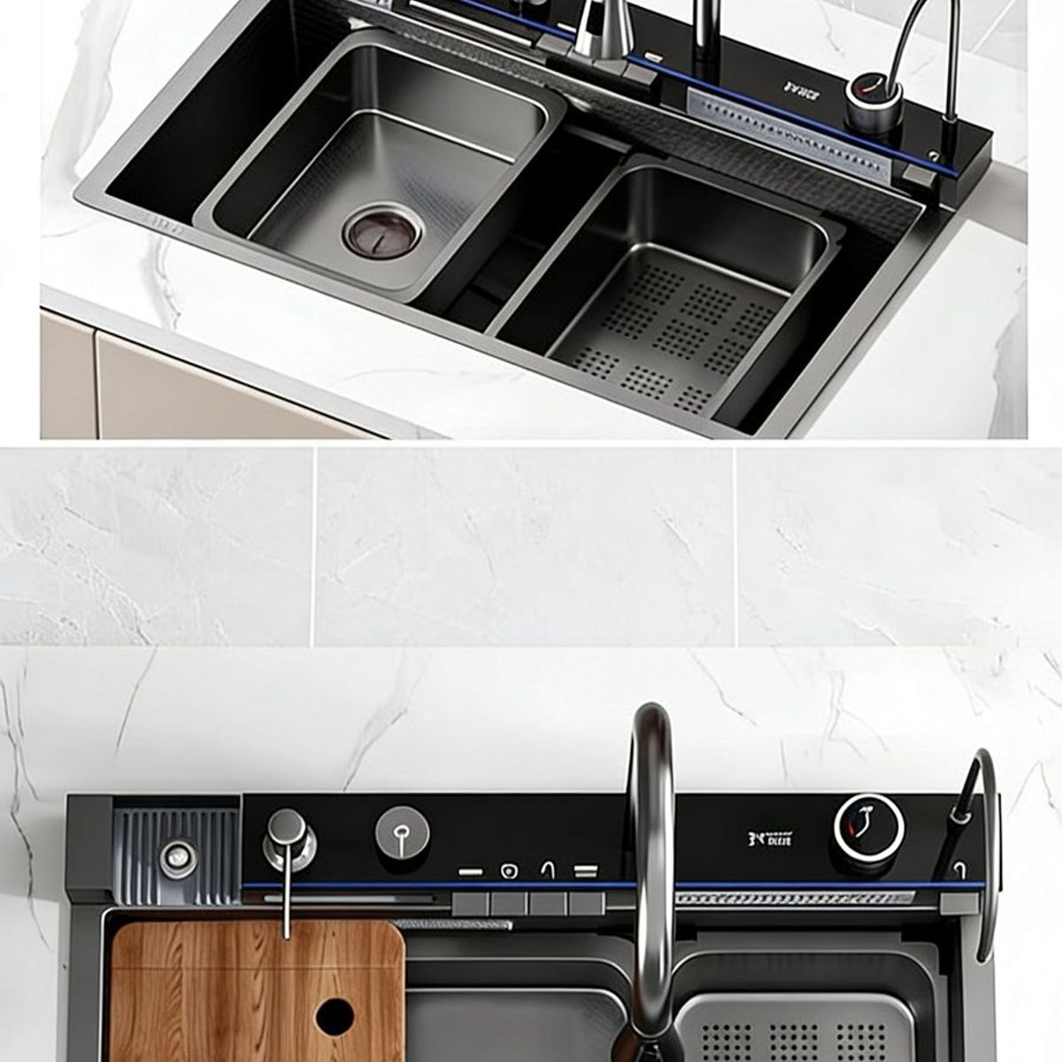 IDEEHOUSE - Lavaplatos Doble Inoxidable Negro 80x45 + Llave + Accesorios