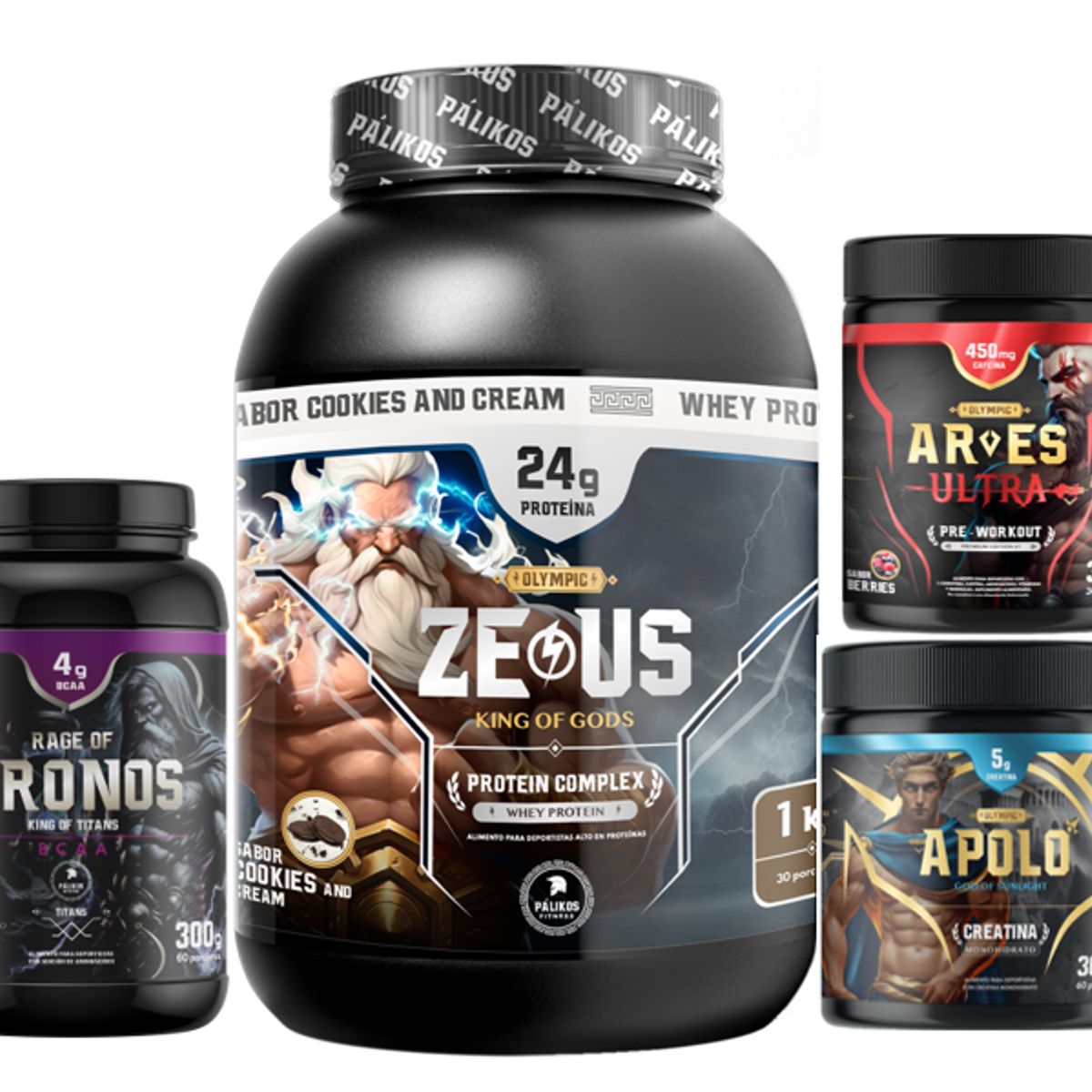 PALIKOS FITNESS - Proteina CP 1kg  Cookies Creatina 300g Pre entreno Ares BCAA kronos