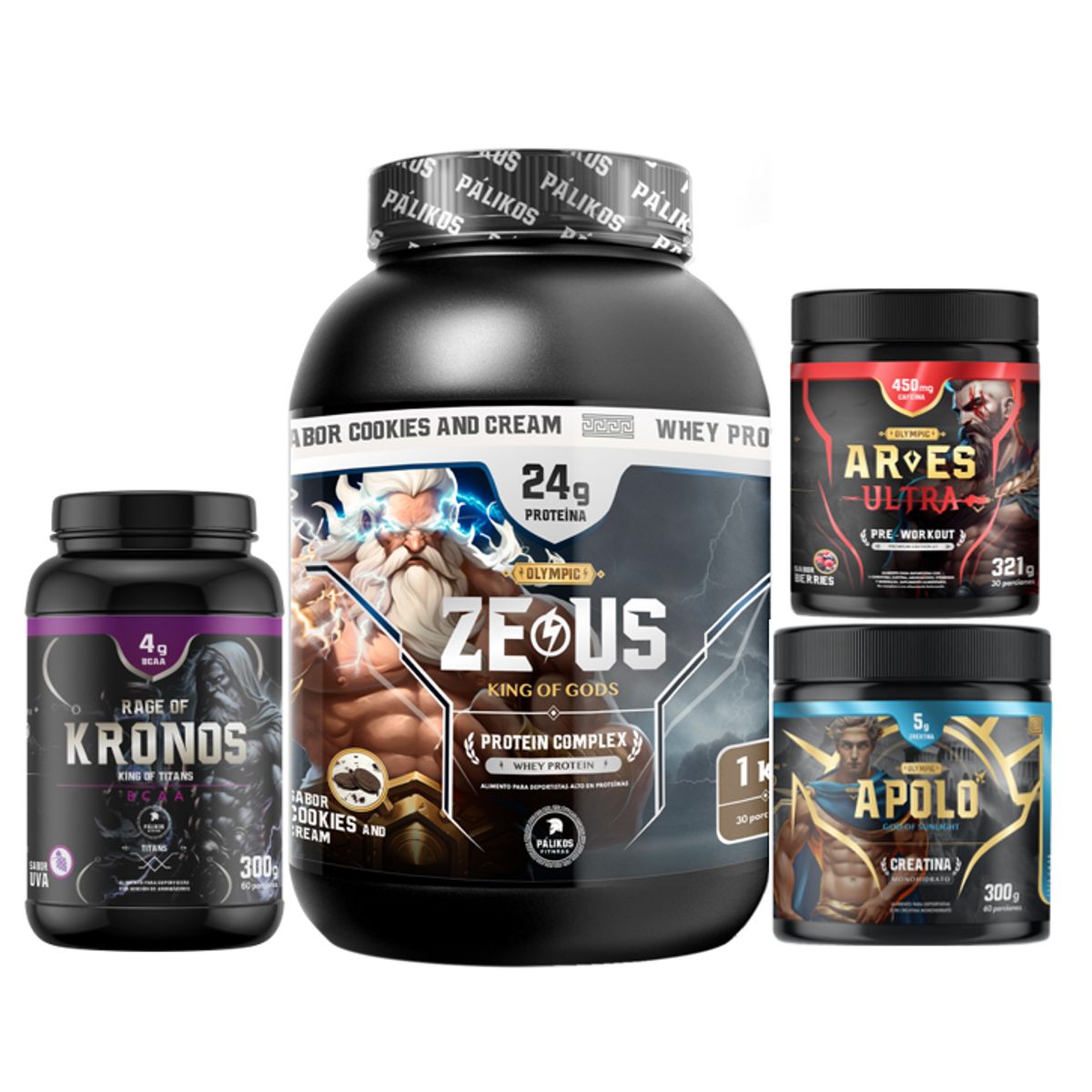PALIKOS FITNESS - Proteina CP 1kg  Cookies Creatina 300g Pre entreno Ares BCAA kronos