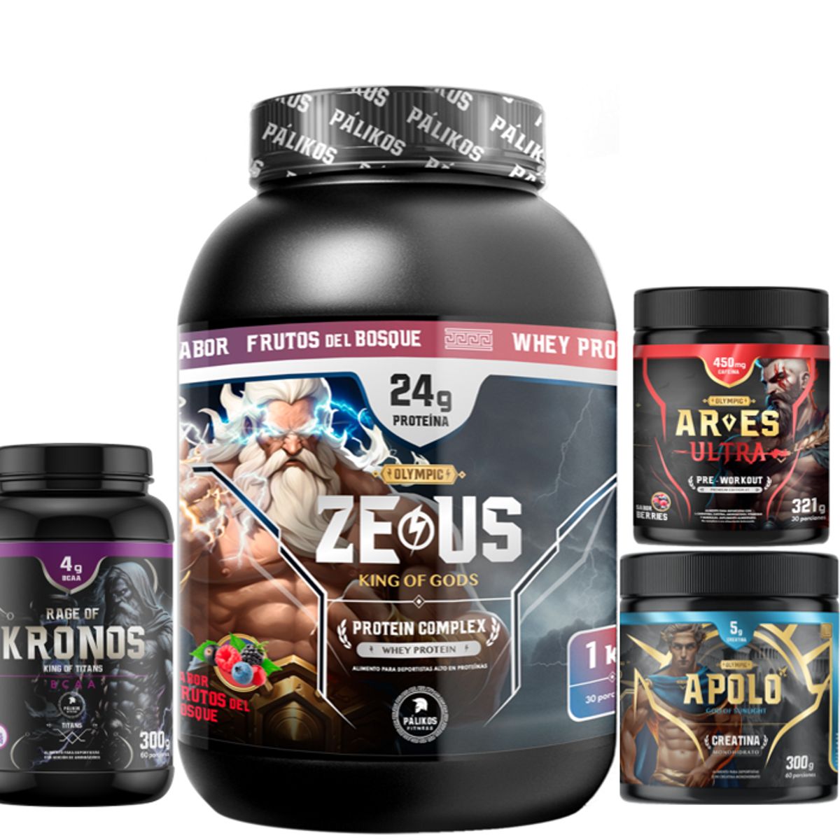 PALIKOS FITNESS - Proteina CP 1kg Frutos Creatina 300g Pre entreno Ares BCAA kronos