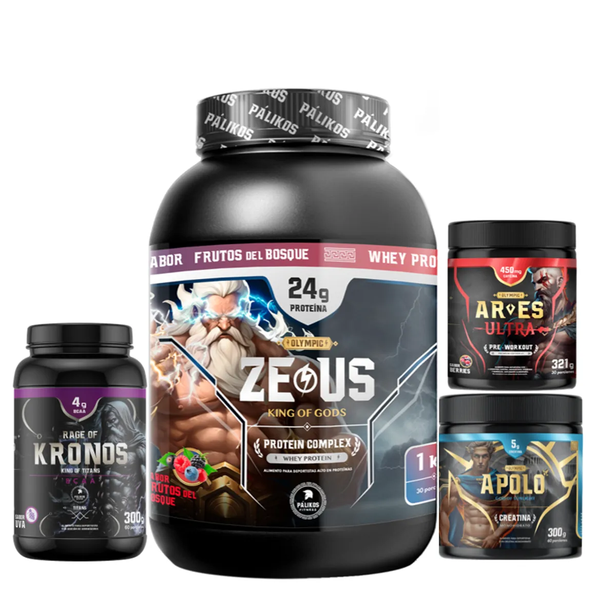 PALIKOS FITNESS - Proteina CP 1kg Frutos Creatina 300g Pre entreno Ares BCAA kronos