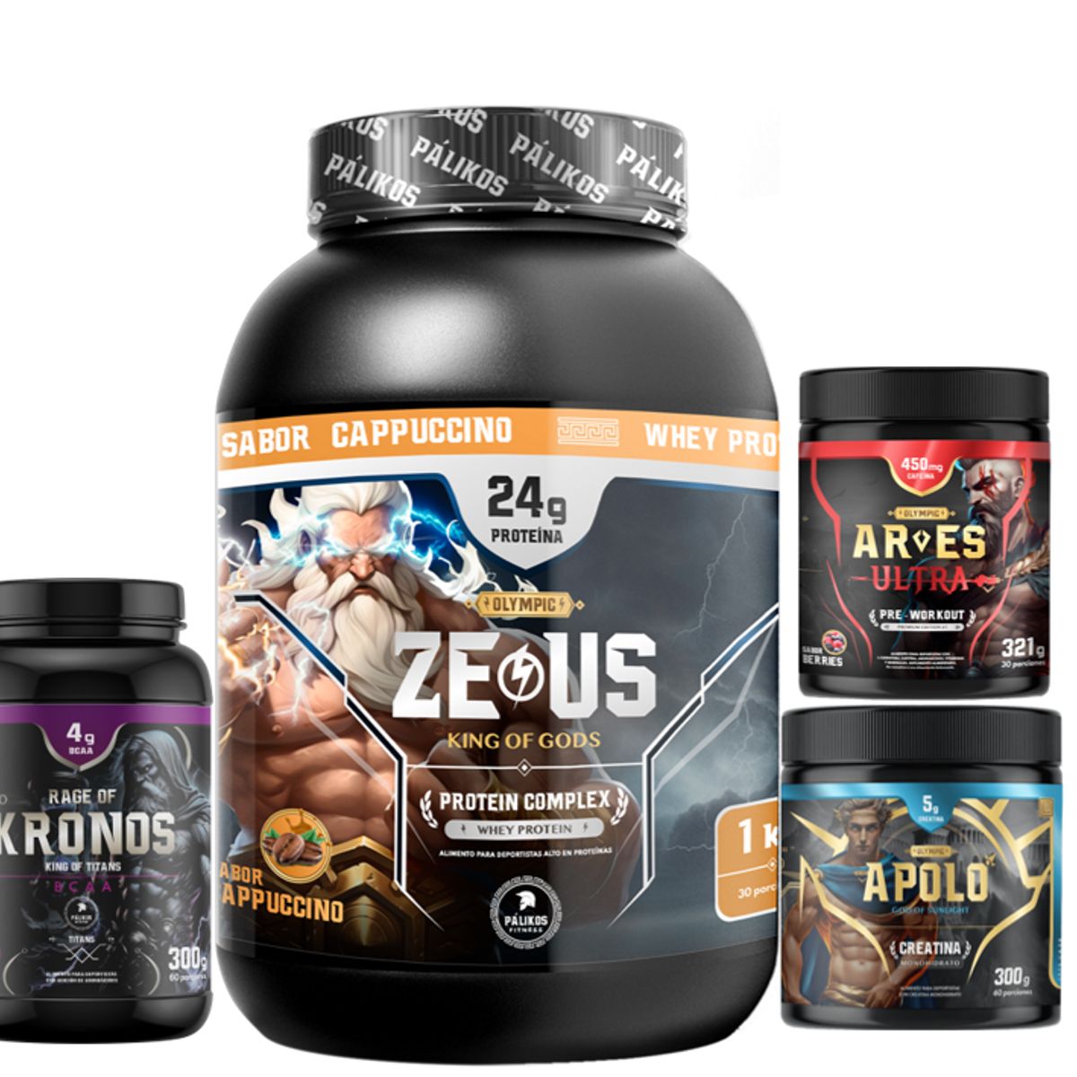 PALIKOS FITNESS - Proteina CP 1kg Cappuccino Creatina 300g Pre entreno Ares BCAA kronos