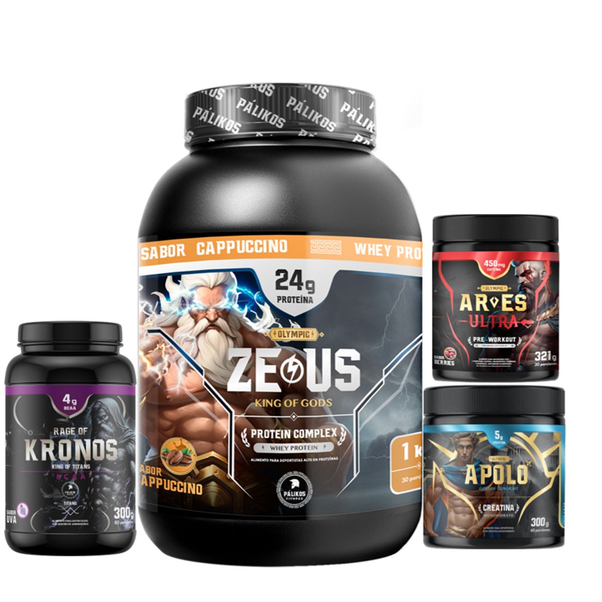 PALIKOS FITNESS - Proteina CP 1kg Cappuccino Creatina 300g Pre entreno Ares BCAA kronos