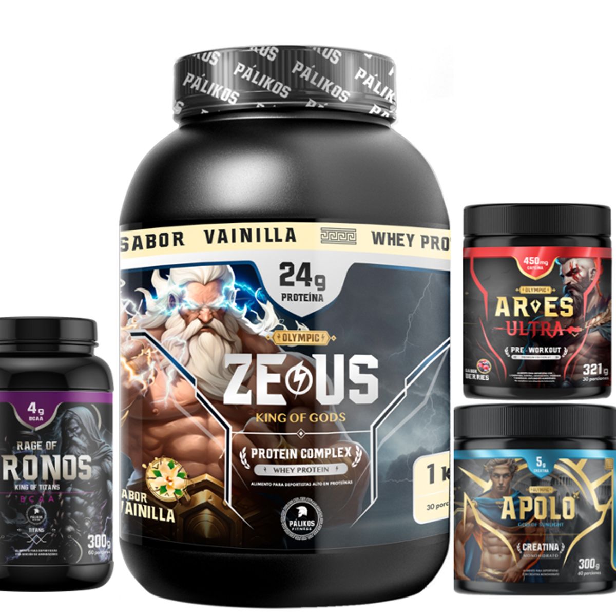 PALIKOS FITNESS - Proteina CP 1kg Vainilla Creatina 300gPre entreno Ares BCAA kronos
