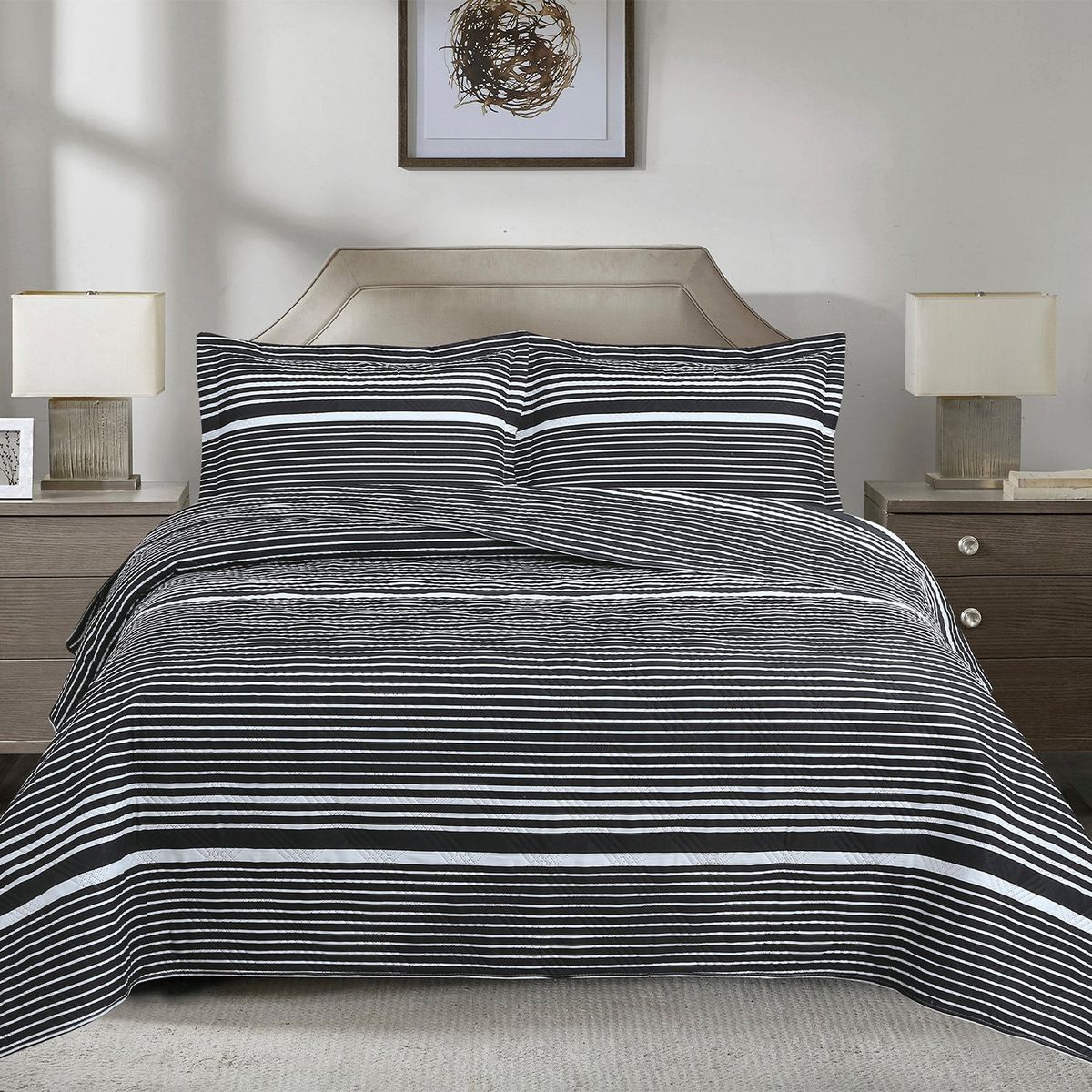 ANDES - QUILT ANDES ESTAMPADO LISTADO NEGRO 2 PLAZAS