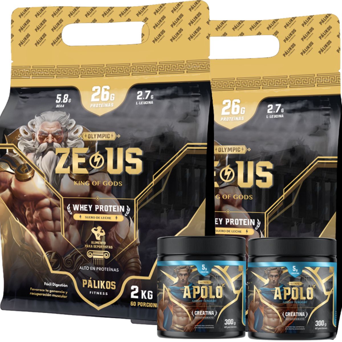 PALIKOS FITNESS - 2 x Proteina Whey Doypack 2kg Chocolate + 2 x Creatina Apolo 300g