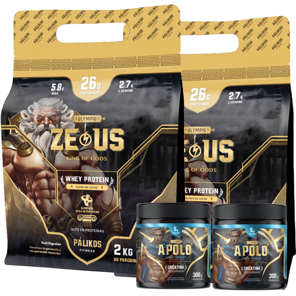 PALIKOS FITNESS - 2 x Proteina Whey Doypack 2kg Chocolate + 2 x Creatina Apolo 300g