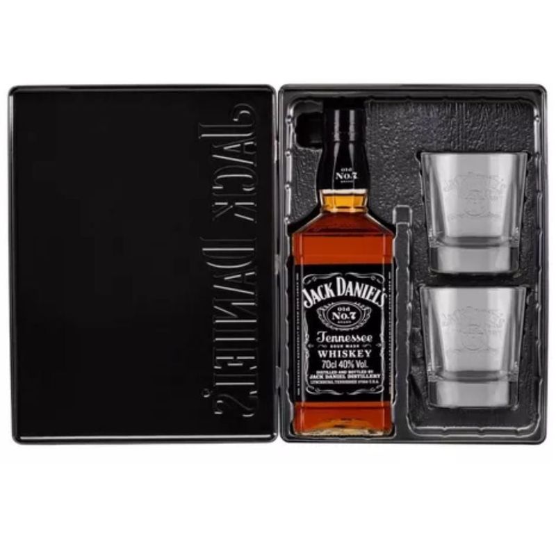 JACK DANIELS - Jack Daniels N7 + 2 Vasos Originales, Estuche Metálico